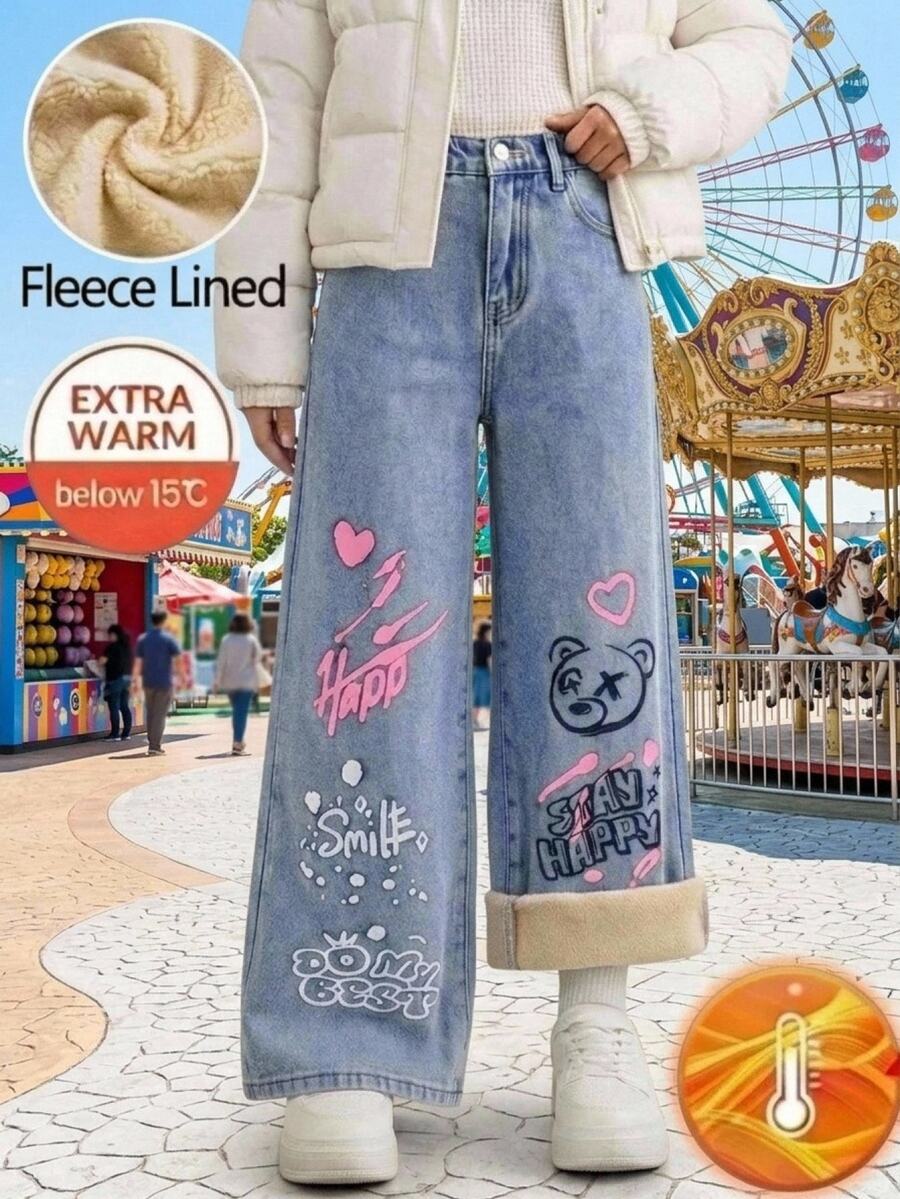 SHEIN Girlism 兒童青少年女孩秋冬塗鴉熊圖案藍色丹寧抓絨內裡寬鬆長褲休閒款 - 藍色 - 查看 1