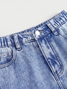 SHEIN Girlism 兒童青少年女孩秋冬塗鴉熊圖案藍色丹寧抓絨內裡寬鬆長褲休閒款 - 藍色 - 查看 6