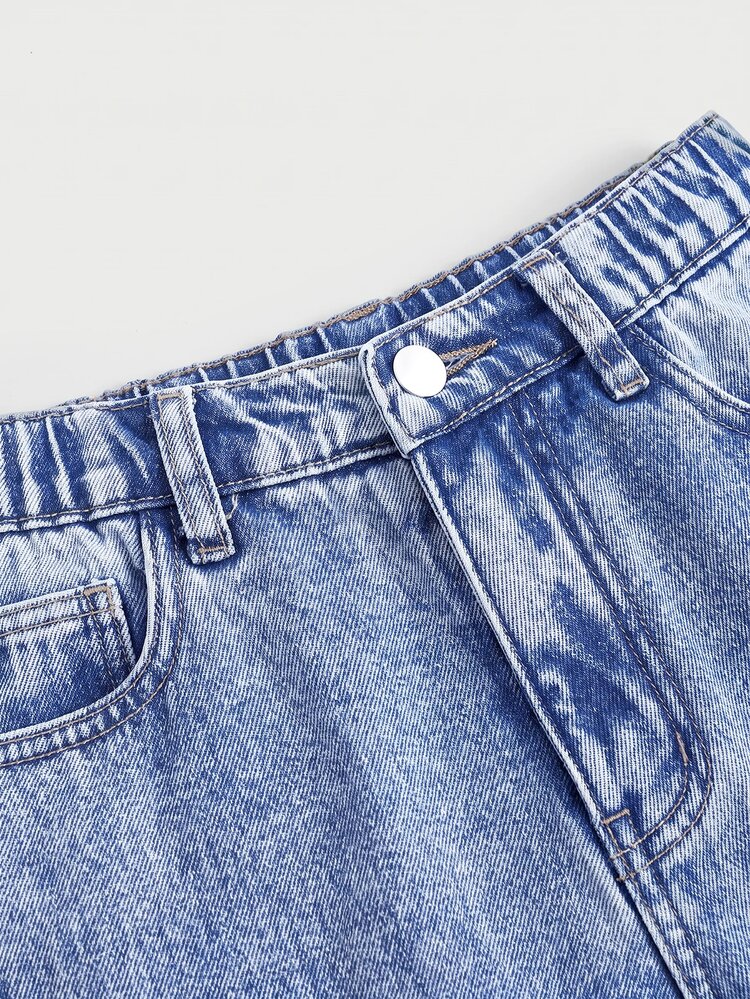 SHEIN Girlism بنطال طويل فضفاض من الدنيم الأزرق مبطن بالصوف بنقشة الدب الجرافيتي للأطفال والفتيات المراهقات، ملابس خريفية/شتوية كاجوال - الأزرق - مشاهدة 6
