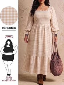 SHEIN CURVE+ Women's Plus Size Dress 22W, Plus Size Autumn Casual Plaid Dress - Khaki - View 5