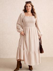 SHEIN CURVE+ Women's Plus Size Dress 22W, Plus Size Autumn Casual Plaid Dress - Khaki - View 3