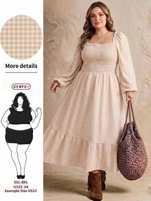 SHEIN CURVE+ Women's Plus Size Dress 22W, Plus Size Autumn Casual Plaid Dress - Khaki - View 1
