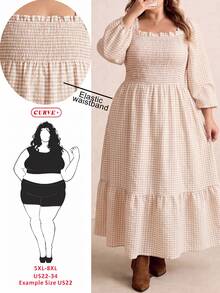 SHEIN CURVE+ Women's Plus Size Dress 22W, Plus Size Autumn Casual Plaid Dress - Khaki - View 7
