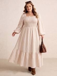 SHEIN CURVE+ Women's Plus Size Dress 22W, Plus Size Autumn Casual Plaid Dress - Khaki - View 4