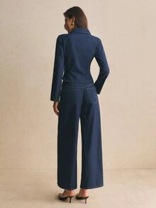 SHEIN BAE 女款牛仔兩件套，單排扣短版上衣配高腰寬腿牛仔褲，80年代復古秋季日常穿搭，修身套裝，海軍藍 - 深色水洗藍 - 查看 4