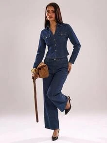 SHEIN BAE 女款牛仔兩件套，單排扣短版上衣配高腰寬腿牛仔褲，80年代復古秋季日常穿搭，修身套裝，海軍藍 - 深色水洗藍 - 查看 8