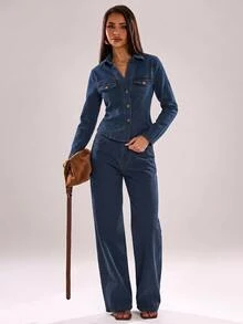 SHEIN BAE 女款牛仔兩件套，單排扣短版上衣配高腰寬腿牛仔褲，80年代復古秋季日常穿搭，修身套裝，海軍藍 - 深色水洗藍 - 查看 10