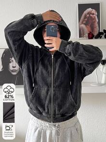 Muchica Plus Size Casual Washed Sweatshirt - Dark Grey - View 1