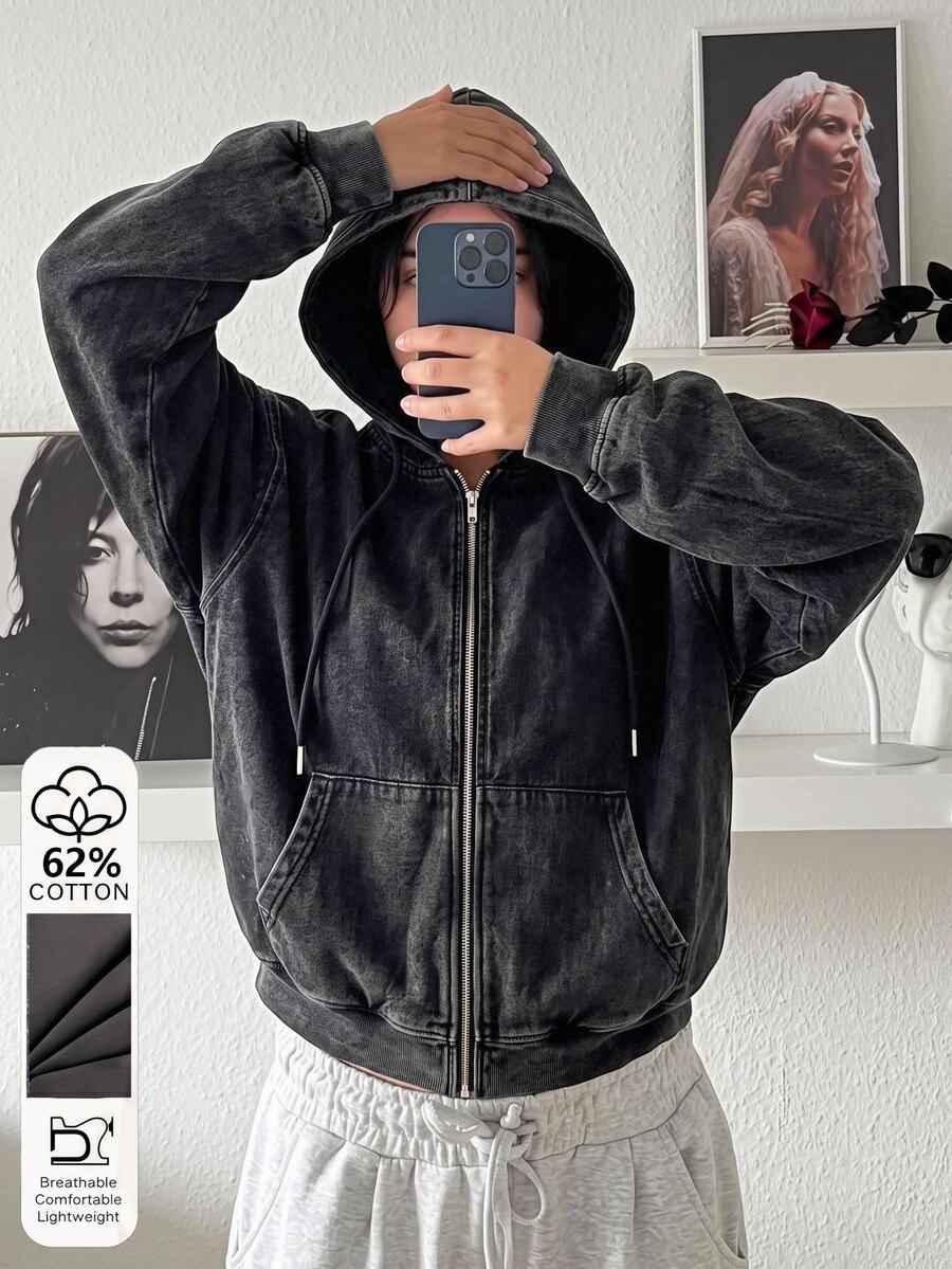 Muchica Plus Size Casual Washed Sweatshirt - Dark Grey - View 1