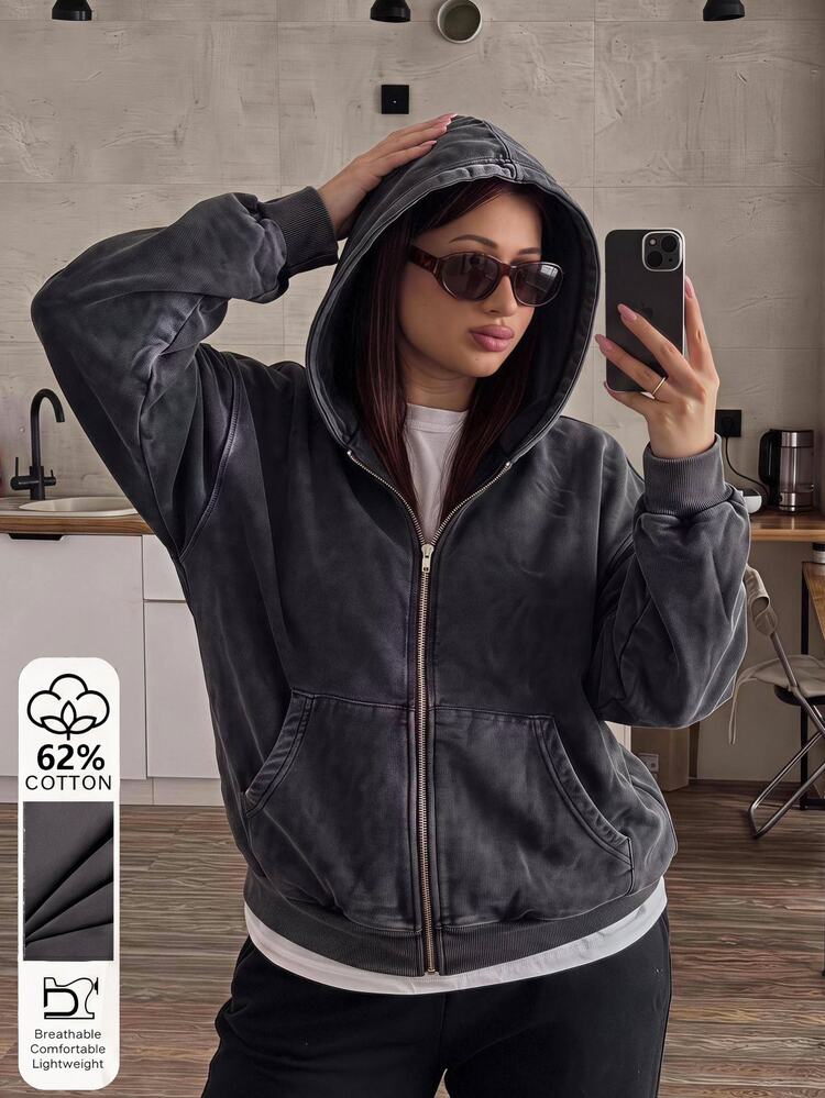 Muchica Plus Size Casual Washed Sweatshirt - Dark Grey - View 3