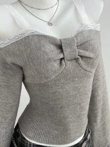 Elamini Women's Lace Patchwork Pleated Fitted Versatile Daily Casual Cute Romantic Lantern Sleeve Light Gray Autumn And Winter Sweater - Grey - View 3