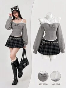 Elamini Women's Lace Patchwork Pleated Fitted Versatile Daily Casual Cute Romantic Lantern Sleeve Light Gray Autumn And Winter Sweater - Grey - View 4
