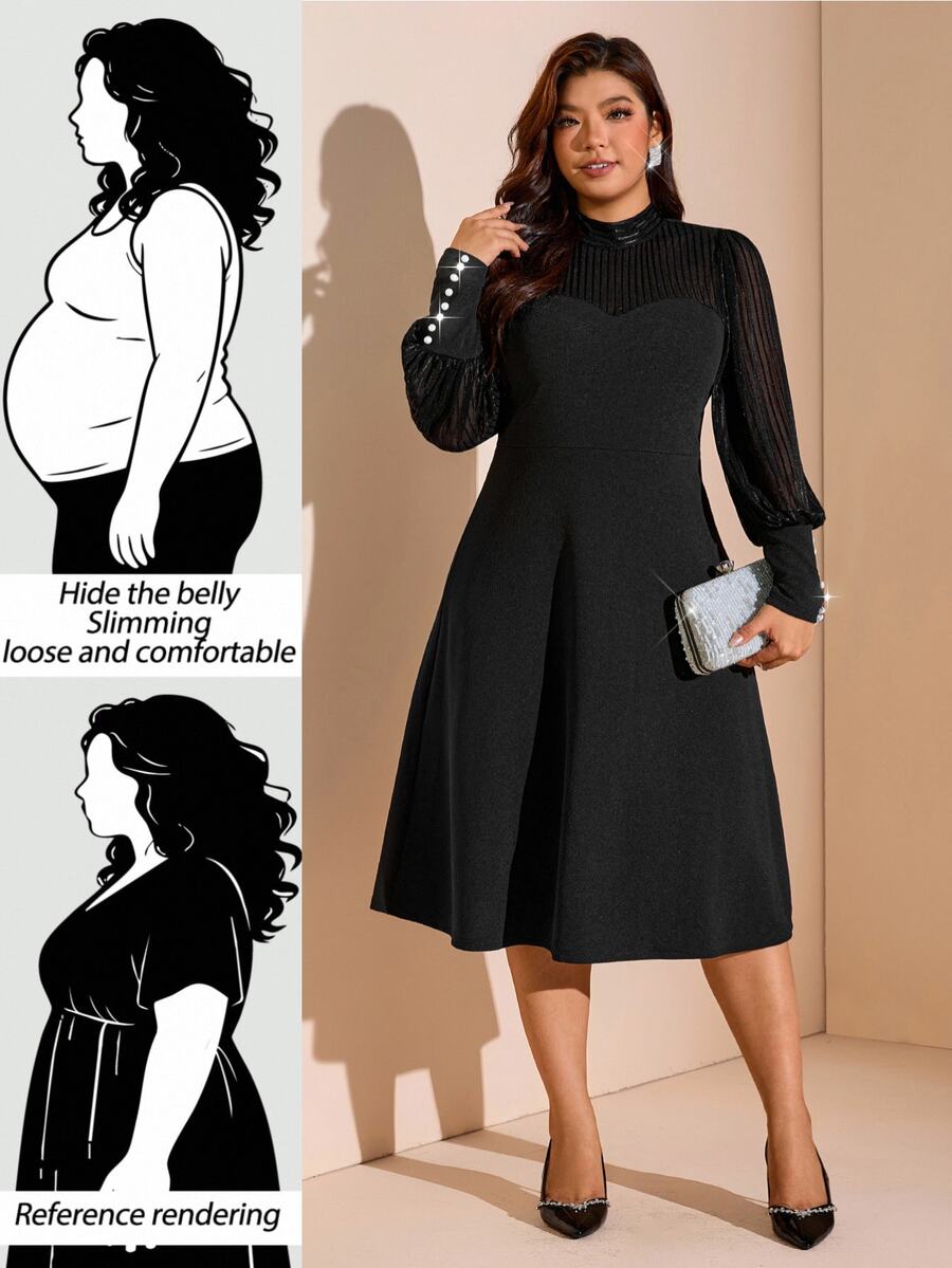 Comfylo Gaun Pesta & Perjalanan Kasual Warna Polos untuk Wanita Ukuran Besar Musim Gugur - Hitam - View 1
