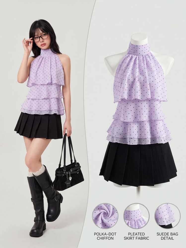 Elamini Women's Polka Dot Pattern Ruffle Neck Blouse - Purple - View 1