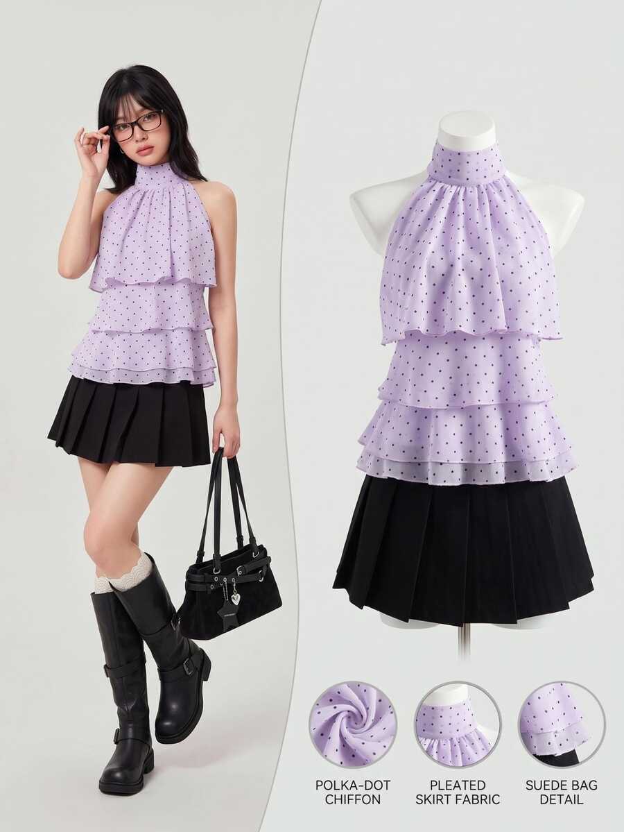 Elamini Women's Polka Dot Pattern Ruffle Neck Blouse - Purple - View 1