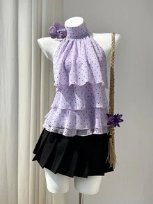 Elamini Women's Polka Dot Pattern Ruffle Neck Blouse - Purple - View 7