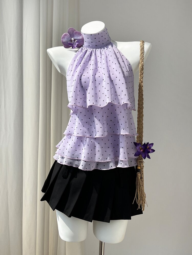 Elamini Women's Polka Dot Pattern Ruffle Neck Blouse - Purple - View 7
