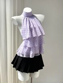 Elamini Women's Polka Dot Pattern Ruffle Neck Blouse - Purple - View 8