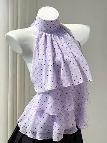 Elamini Women's Polka Dot Pattern Ruffle Neck Blouse - Purple - View 3