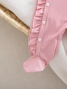 Autumn/Winter Newborn Baby Girl 2 Pieces Set, Round Neck Ribbed Knit Romper With Footed Pants, Ruffle & Wood Ear Trim, Snap Closure, Hat, Solid Pink, Cute Minimalist Pajamas Loungewear - Pink - View 12