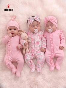 Autumn/Winter Newborn Baby Girl 2 Pieces Set, Round Neck Ribbed Knit Romper With Footed Pants, Ruffle & Wood Ear Trim, Snap Closure, Hat, Solid Pink, Cute Minimalist Pajamas Loungewear - Pink - View 2