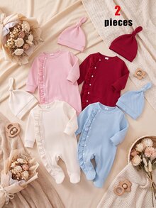 Autumn/Winter Newborn Baby Girl 2 Pieces Set, Round Neck Ribbed Knit Romper With Footed Pants, Ruffle & Wood Ear Trim, Snap Closure, Hat, Solid Pink, Cute Minimalist Pajamas Loungewear - Pink - View 11