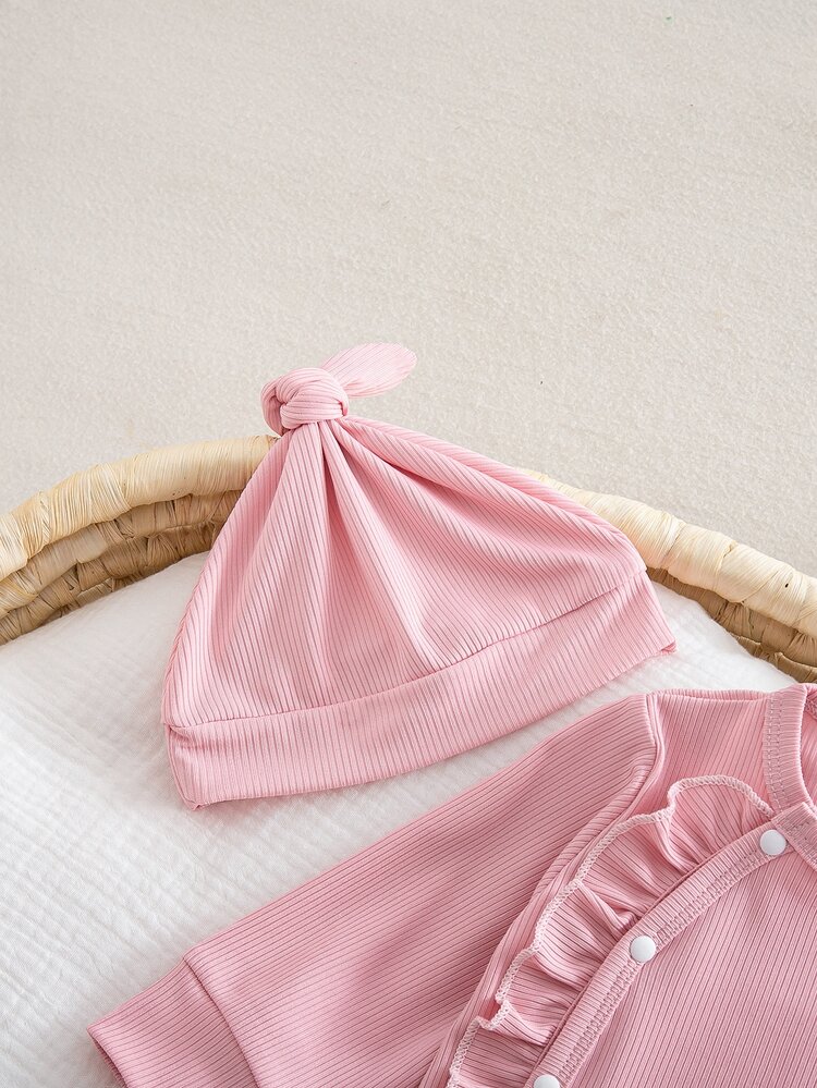 Autumn/Winter Newborn Baby Girl 2 Pieces Set, Round Neck Ribbed Knit Romper With Footed Pants, Ruffle & Wood Ear Trim, Snap Closure, Hat, Solid Pink, Cute Minimalist Pajamas Loungewear - Pink - View 6