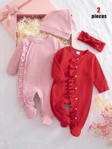 Autumn/Winter Newborn Baby Girl 2 Pieces Set, Round Neck Ribbed Knit Romper With Footed Pants, Ruffle & Wood Ear Trim, Snap Closure, Hat, Solid Pink, Cute Minimalist Pajamas Loungewear - Pink - View 10