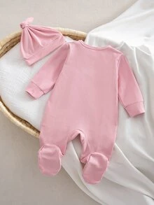 Autumn/Winter Newborn Baby Girl 2 Pieces Set, Round Neck Ribbed Knit Romper With Footed Pants, Ruffle & Wood Ear Trim, Snap Closure, Hat, Solid Pink, Cute Minimalist Pajamas Loungewear - Pink - View 3