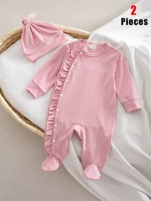 Autumn/Winter Newborn Baby Girl 2 Pieces Set, Round Neck Ribbed Knit Romper With Footed Pants, Ruffle & Wood Ear Trim, Snap Closure, Hat, Solid Pink, Cute Minimalist Pajamas Loungewear - Pink - View 5