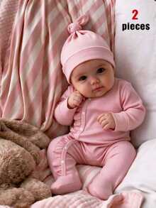 Autumn/Winter Newborn Baby Girl 2 Pieces Set, Round Neck Ribbed Knit Romper With Footed Pants, Ruffle & Wood Ear Trim, Snap Closure, Hat, Solid Pink, Cute Minimalist Pajamas Loungewear - Pink - View 4