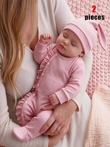 Autumn/Winter Newborn Baby Girl 2 Pieces Set, Round Neck Ribbed Knit Romper With Footed Pants, Ruffle & Wood Ear Trim, Snap Closure, Hat, Solid Pink, Cute Minimalist Pajamas Loungewear - Pink - View 9