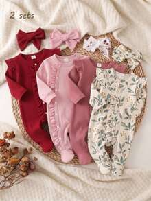 Autumn/Winter Newborn Baby Girl 2 Pieces Set, Round Neck Ribbed Knit Romper With Footed Pants, Ruffle & Wood Ear Trim, Snap Closure, Hat, Solid Pink, Cute Minimalist Pajamas Loungewear - Pink - View 1
