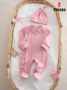 Autumn/Winter Newborn Baby Girl 2 Pieces Set, Round Neck Ribbed Knit Romper With Footed Pants, Ruffle & Wood Ear Trim, Snap Closure, Hat, Solid Pink, Cute Minimalist Pajamas Loungewear - Pink - View 13