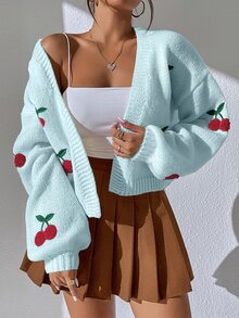 Autumina Women's Cherry Pattern Casual Versatile Daily Wear Cardigan - Blue - View 2