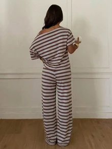 Siren Gaze 95%棉女款休閒單肩寬鬆短袖T恤與長褲兩件套，條紋套裝，優雅 - 彩色 - 查看 2