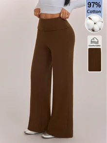 SHEIN PETITE 女款純色摺腰寬鬆寬腿休閒褲/運動褲，秋/冬居家穿搭百搭款，舒適棉混紡 - 棕色 - 查看 3