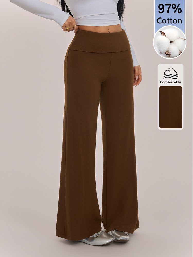 SHEIN PETITE Women's Solid Color Folded Waist Loose Wide Leg Casual Pants/Sweatpants, Versatile Home Wear For Autumn/Winter, Comfortable Cotton Blend - Brown - View 2