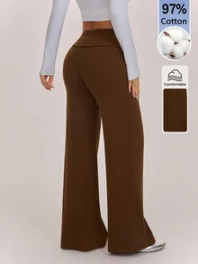 SHEIN PETITE 女款純色摺腰寬鬆寬腿休閒褲/運動褲，秋/冬居家穿搭百搭款，舒適棉混紡 - 棕色 - 查看 8