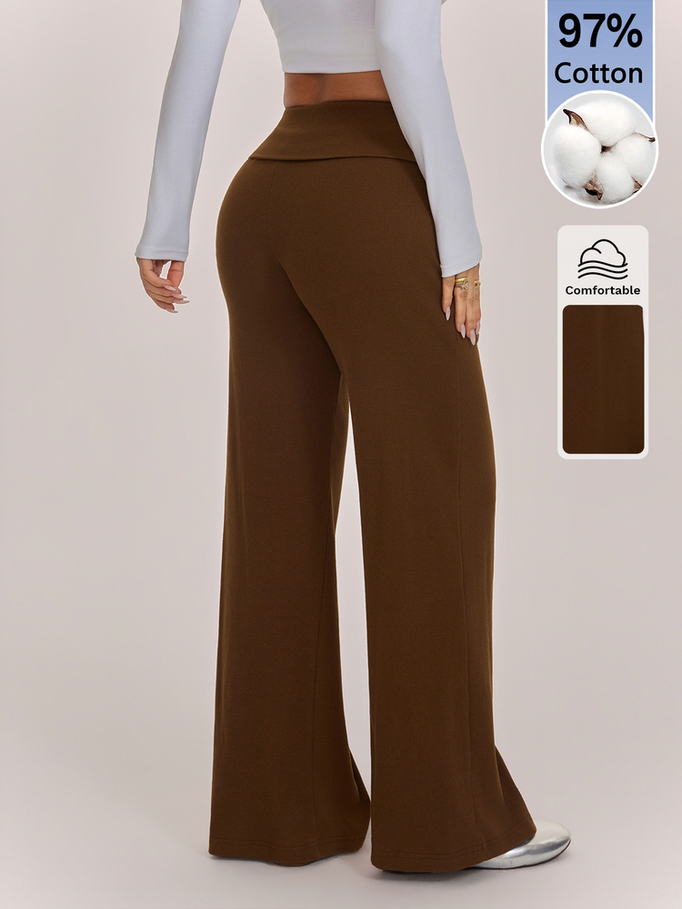 SHEIN PETITE Women's Solid Color Folded Waist Loose Wide Leg Casual Pants/Sweatpants, Versatile Home Wear For Autumn/Winter, Comfortable Cotton Blend - Brown - View 8