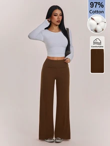SHEIN PETITE 女款純色摺腰寬鬆寬腿休閒褲/運動褲，秋/冬居家穿搭百搭款，舒適棉混紡 - 棕色 - 查看 4
