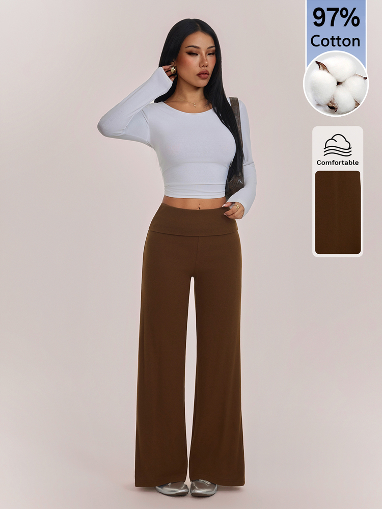 SHEIN PETITE Women's Solid Color Folded Waist Loose Wide Leg Casual Pants/Sweatpants, Versatile Home Wear For Autumn/Winter, Comfortable Cotton Blend - Brown - View 4