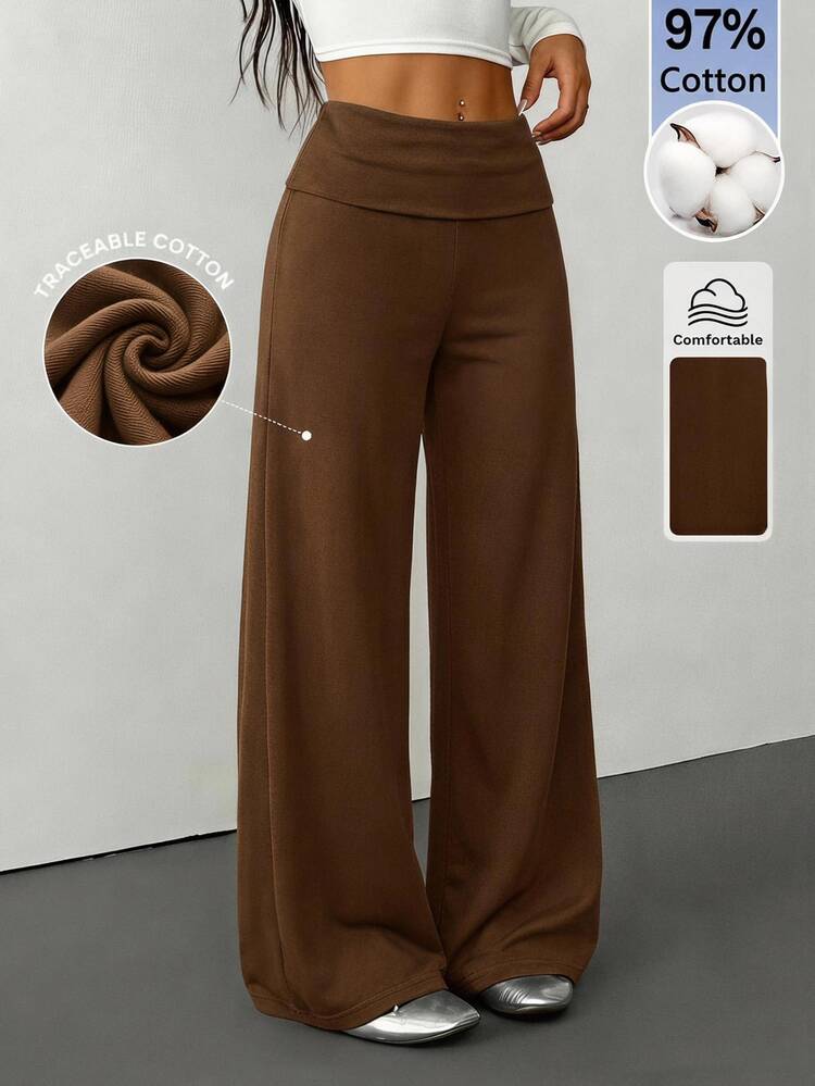 SHEIN PETITE Women's Solid Color Folded Waist Loose Wide Leg Casual Pants/Sweatpants, Versatile Home Wear For Autumn/Winter, Comfortable Cotton Blend - Brown - View 1
