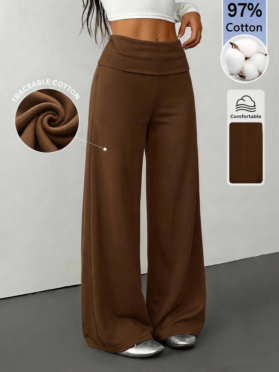 SHEIN PETITE 女款純色摺腰寬鬆寬腿休閒褲/運動褲,秋/冬居家穿搭百搭款,舒適棉混紡 - 棕色 - 查看 1