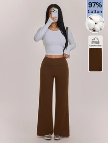 SHEIN PETITE 女款純色摺腰寬鬆寬腿休閒褲/運動褲，秋/冬居家穿搭百搭款，舒適棉混紡 - 棕色 - 查看 5