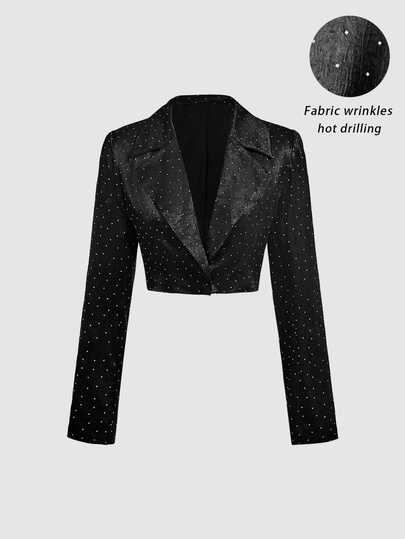 SHEIN MOD Chic Women's Cropped Sequin Blazer Jacket Long Sleeve Black Sparkle Coat,Short-Sleeved Jacket With Rhinestone Embellishments,Bling Bling Jackets