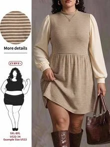 SHEIN CURVE+ فستان نسائي مقاس كبير 22W، فستان خريف/شتاء برقبة عالية وتصميم مرقع - متعدد الألوان - مشاهدة 1