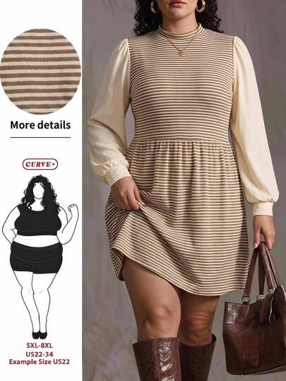 SHEIN CURVE+ Women Plus Size Dress 22W, Autumn/Winter High Neck Patchwork Dress