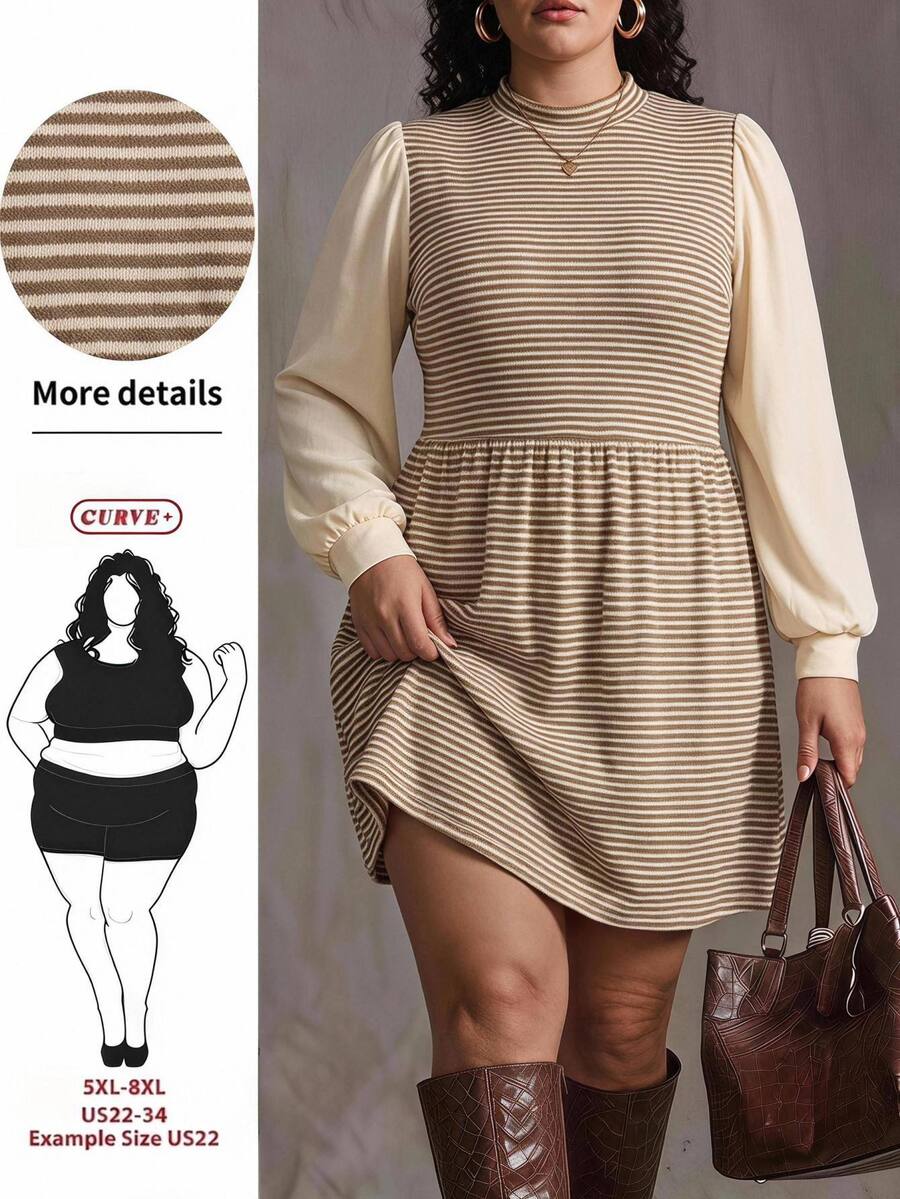 SHEIN CURVE+ فستان نسائي مقاس كبير 22W، فستان خريف/شتاء برقبة عالية وتصميم مرقع - متعدد الألوان - مشاهدة 1