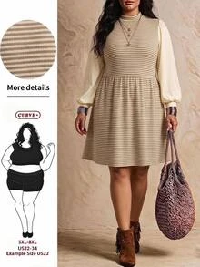 SHEIN CURVE+ فستان نسائي مقاس كبير 22W، فستان خريف/شتاء برقبة عالية وتصميم مرقع - متعدد الألوان - مشاهدة 6